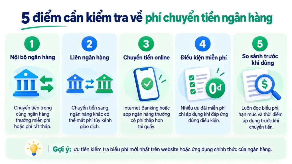 Sơ đồ 5 bước kiểm tra phí và điều kiện trước khi chuyển tiền ngân hàng