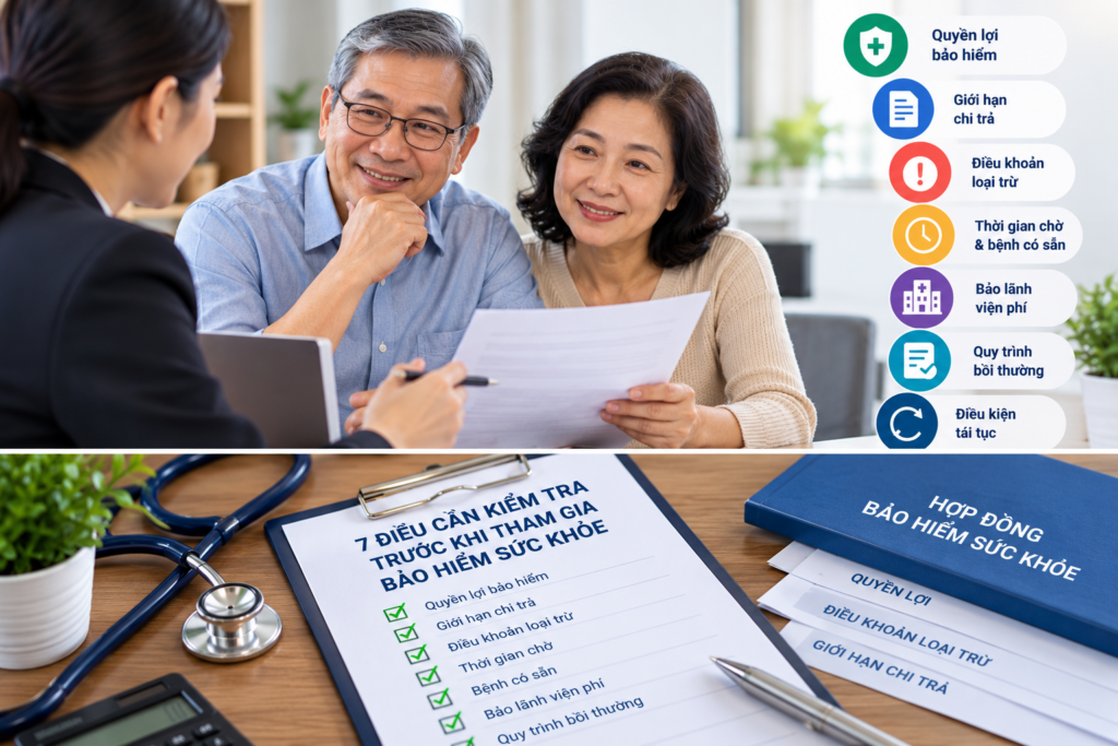 Minh họa người lớn tuổi kiểm tra quyền lợi, giới hạn chi trả, loại trừ và điều kiện bảo hiểm sức khỏe