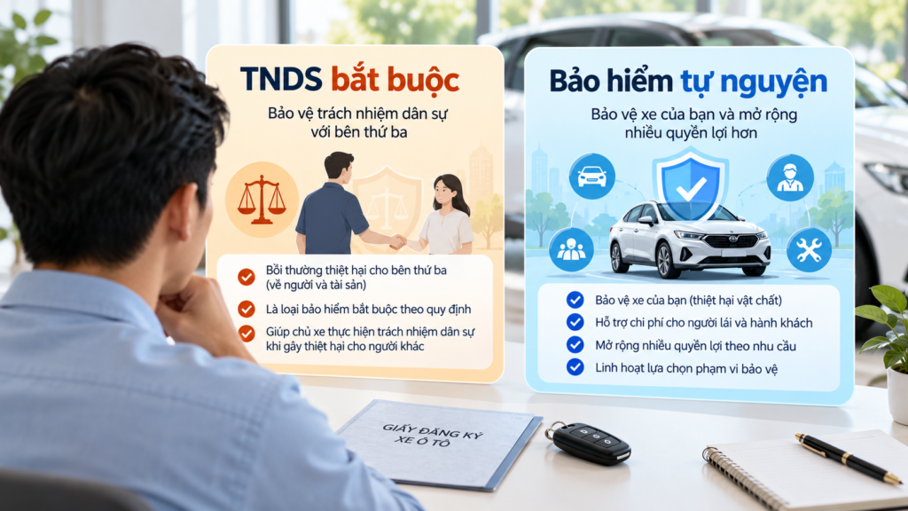 Minh họa phân biệt bảo hiểm xe bắt buộc trách nhiệm dân sự và bảo hiểm xe tự nguyện