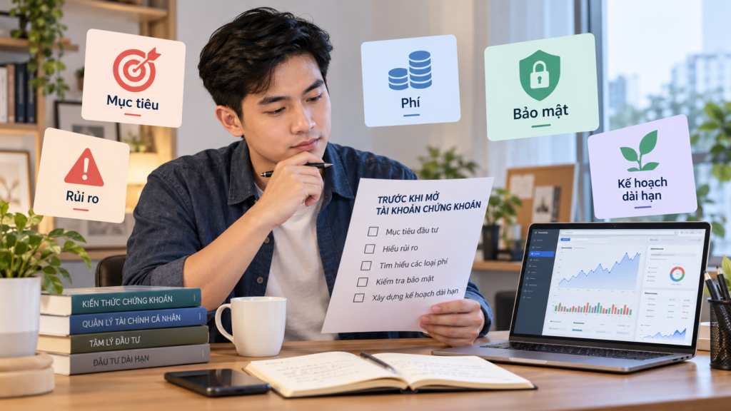 Minh họa người mới kiểm tra mục tiêu, rủi ro, phí và bảo mật trước khi bắt đầu đầu tư chứng khoán