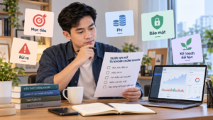 Minh họa người mới kiểm tra mục tiêu, rủi ro, phí và bảo mật trước khi bắt đầu đầu tư chứng khoán