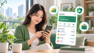 Minh họa các tiêu chí chọn ngân hàng số gồm phí, chuyển tiền, bảo mật và hỗ trợ