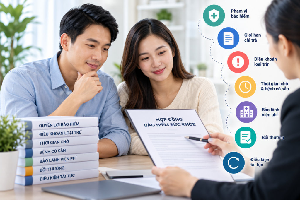 Checklist kiểm tra quyền lợi, giới hạn chi trả, loại trừ, thời gian chờ và bồi thường bảo hiểm sức khỏe