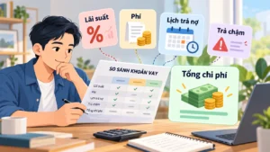 Minh họa các thành phần chi phí khoản vay gồm lãi suất, phí, lịch trả nợ và tổng chi phí