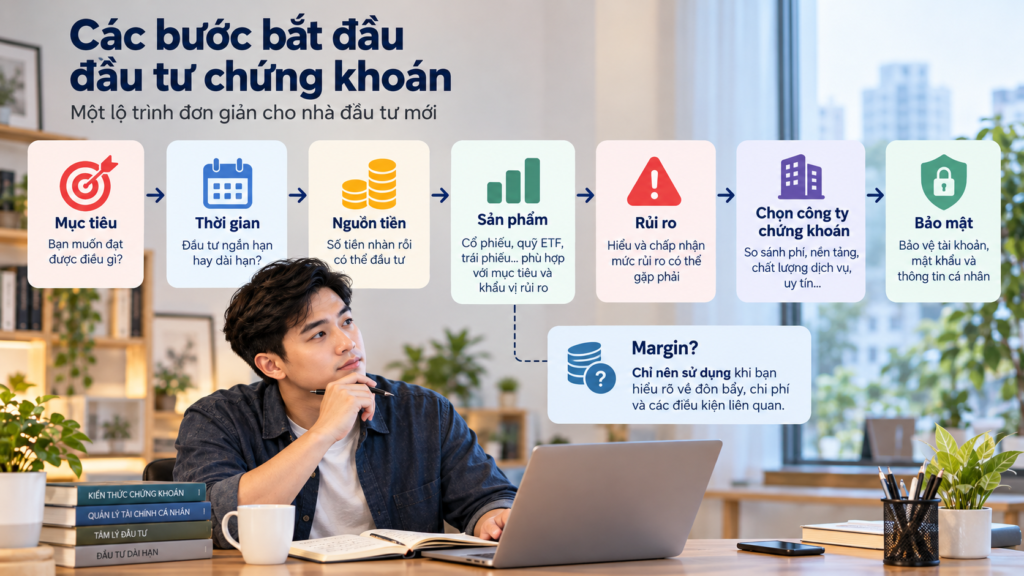 Sơ đồ các bước cần kiểm tra trước khi mở tài khoản và bắt đầu đầu tư chứng khoán