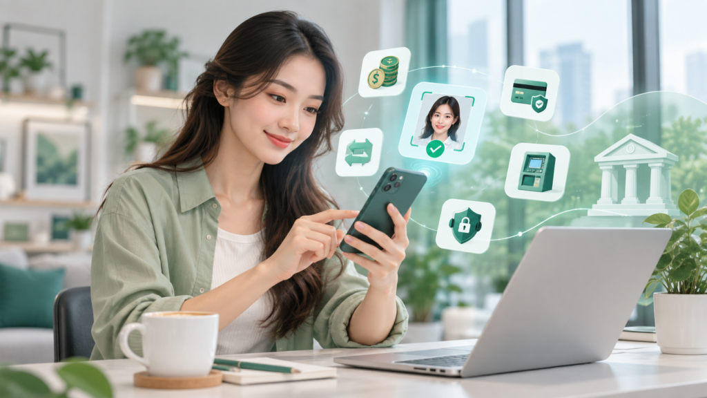 Minh họa mở tài khoản ngân hàng online với eKYC, bảo mật và hỗ trợ giao dịch