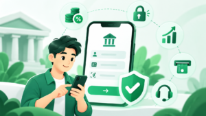 Minh họa mở tài khoản ngân hàng online với eKYC, bảo mật và hỗ trợ giao dịch