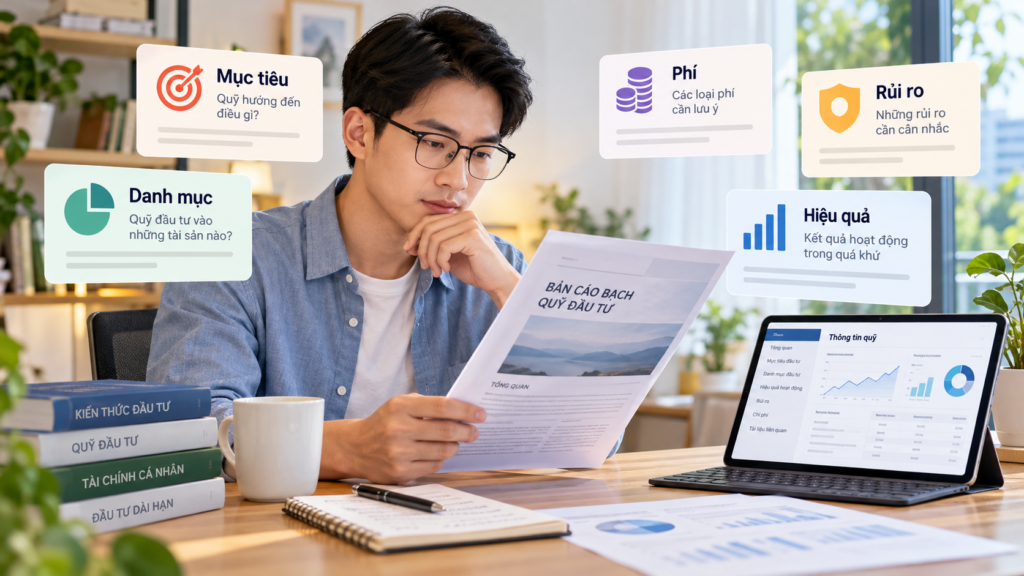 Minh họa nhà đầu tư đọc mục tiêu, phí, rủi ro và danh mục trước khi chọn quỹ đầu tư