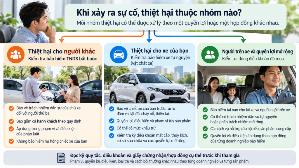 Sơ đồ phân biệt bảo hiểm trách nhiệm dân sự bắt buộc và bảo hiểm xe tự nguyện theo nhóm thiệt hại