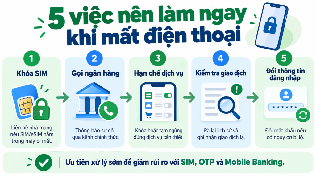 Sơ đồ 5 bước bảo vệ tài khoản ngân hàng khi mất điện thoại