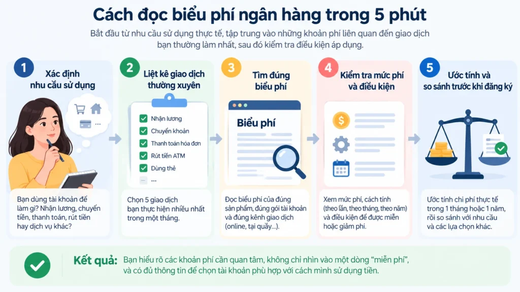 Sơ đồ 5 bước đọc biểu phí ngân hàng theo nhu cầu sử dụng
