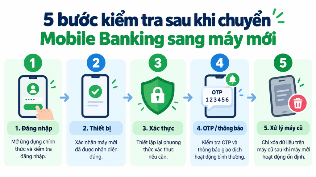 Sơ đồ 5 bước kiểm tra Mobile Banking sau khi chuyển sang điện thoại mới