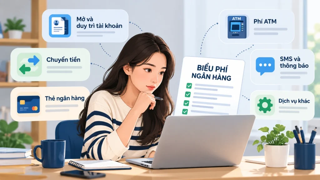 Minh họa các nhóm phí cần kiểm tra khi sử dụng tài khoản thanh toán