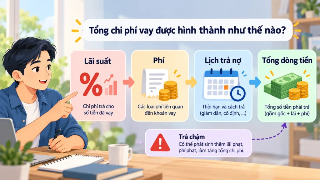 Sơ đồ lãi suất, phí và lịch trả nợ hình thành tổng dòng tiền phải trả của khoản vay