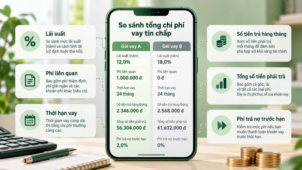 Minh họa các yếu tố cần so sánh khi vay tín chấp gồm lãi suất, phí, lịch trả nợ và tổng số tiền phải trả